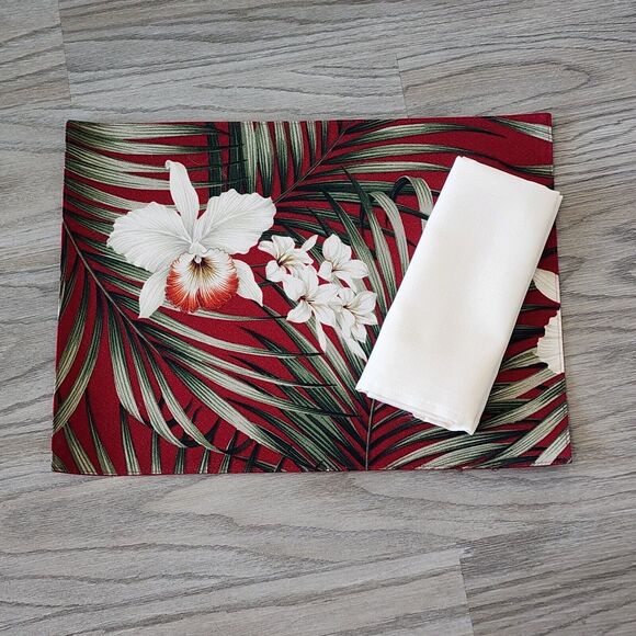 Hawaiian Upholstery Barkcloth Placemats Burgundy Ferns Orchids Plumeria & Napkin - Picture 2 of 8